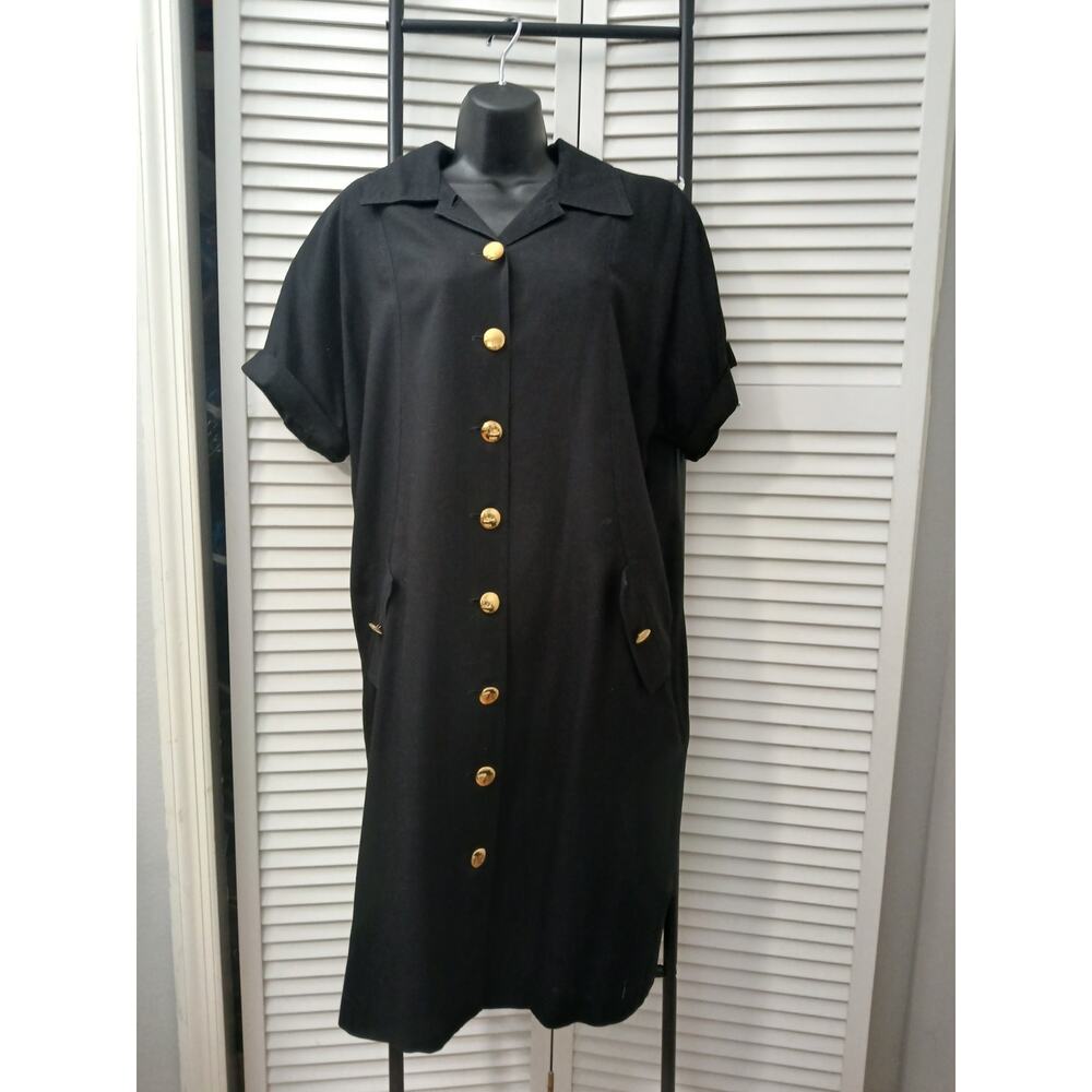 N.R.1Black Shirt Dress Gold Buttons Short SleevesLined Rayon / Linen Blend sz 14
